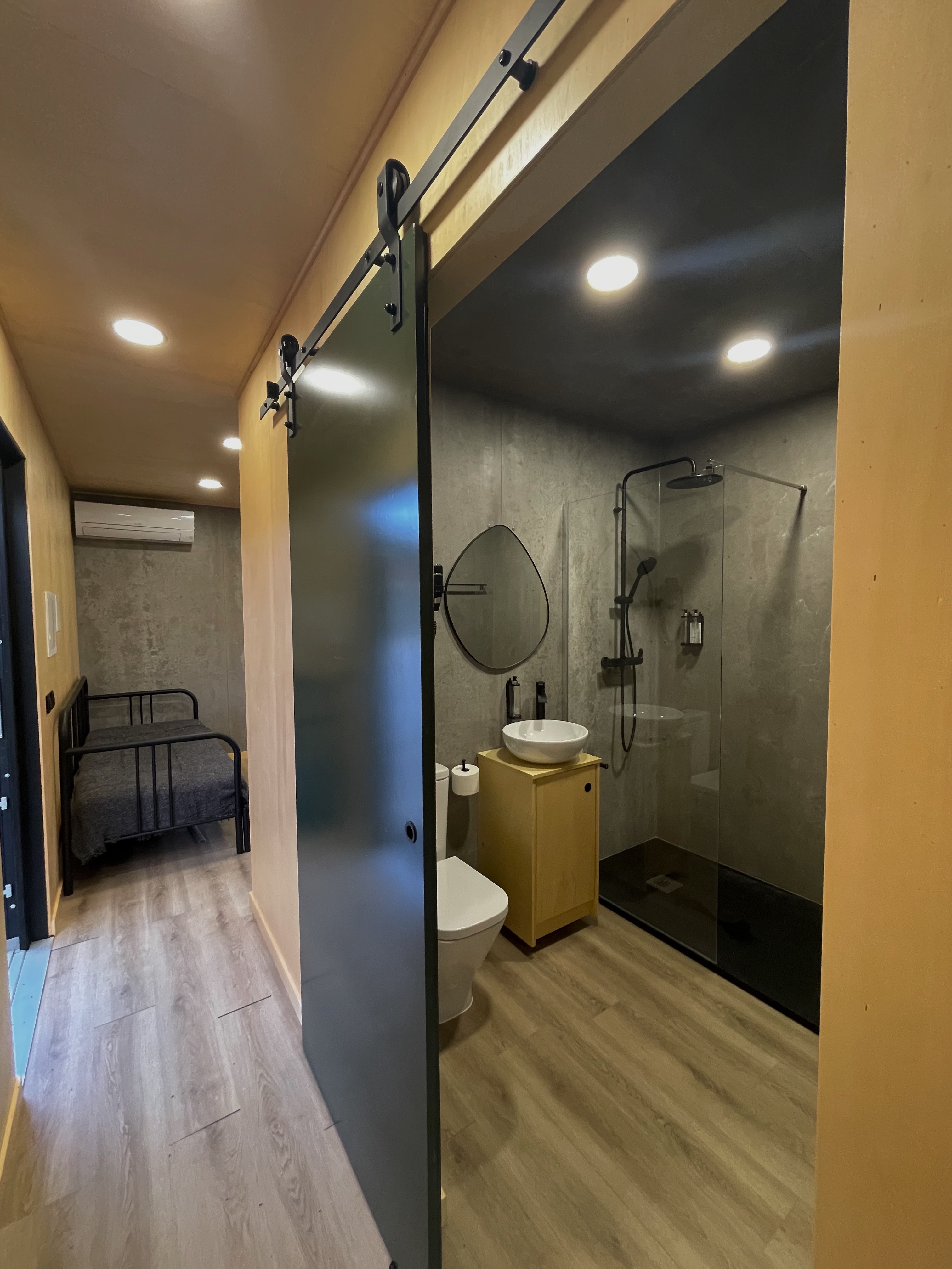 Bungalow bathroom and living room